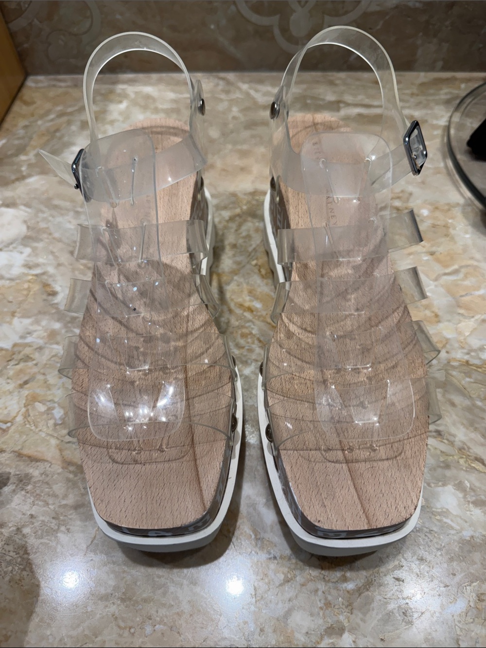 Stella McCartney Clear Platform Jelly Sandals with Wood-Effect Footbed